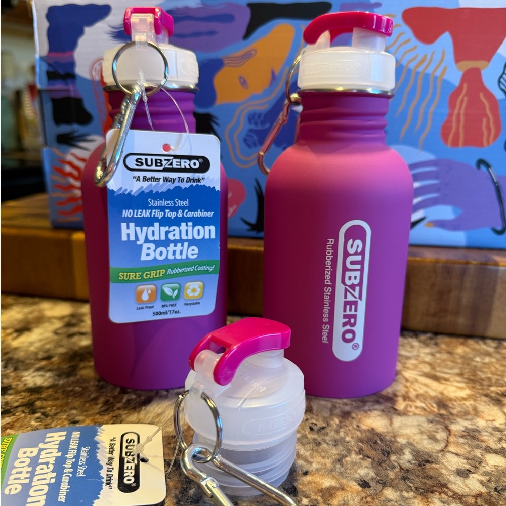 Subzero 17oz Rubberized Stainless Steel Pink Water Bottles with carabiner clip